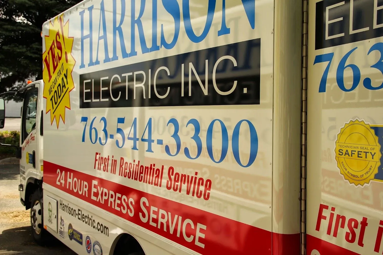 Side of a Harrison Electric truck lettered 24 Hour Express Service, with the phone number 763-544-3300