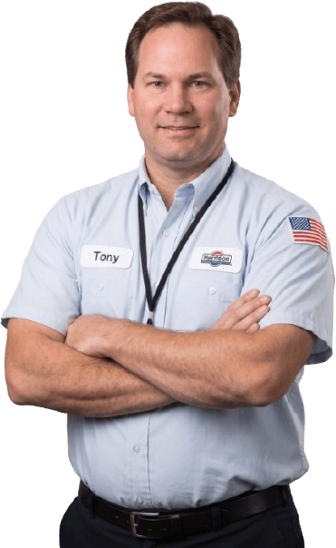 Tony Enger, Vice President of Harrison Electric, in a Harrison Electric work shirt